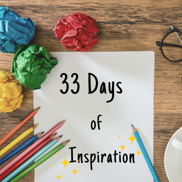 logo for 33 days of inspiration showing paper, colored pencils, and colored paper.
